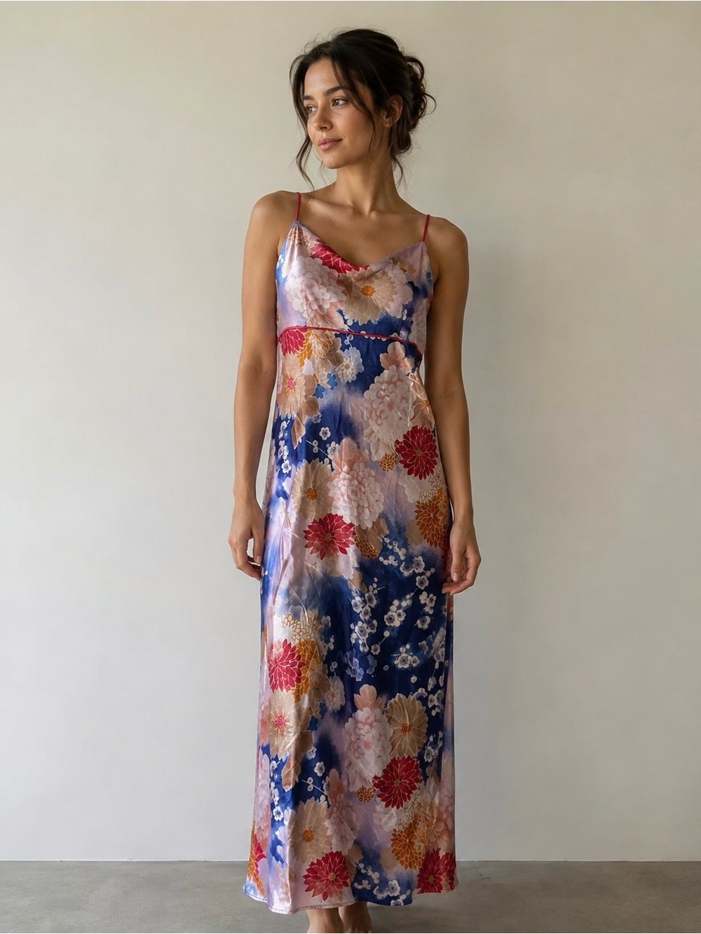 Vintage Anne Klein Floral Maxi Slip Dress blue pink date night out XL